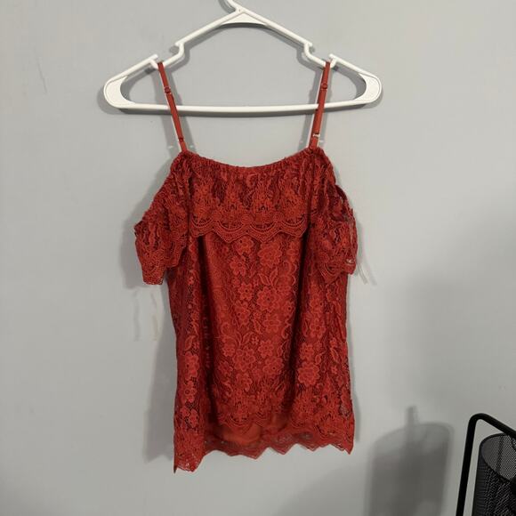 No Boundaries Off the Shoulder Lace Top Juniors Size Large / 11 - 13 Red Orange - Picture 2 of 7